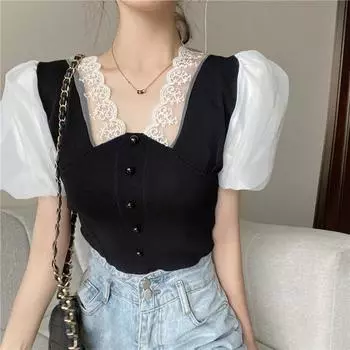 Sexy Women Lace T-shirts Bubble Sleeve Patchwork Girls Y2K T-shirts Button Tees Fashion Lady Party Wear Leisure Tops Active Street Wear Women s Tshirt M фиолетовый