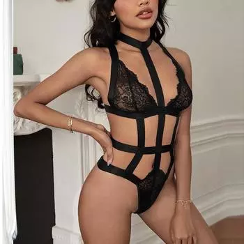 Сексуальная женская горячая одежда Женский комбинезон с вырезом на шее Сексуальное кружевное черное секс-нижнее белье S