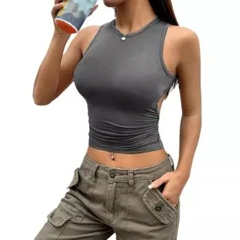 Sexy Women s Spring and Summer Solid-color Tight Short Sleeveless Vest Tops S чёрный