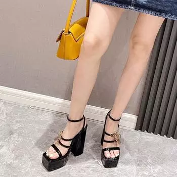 Сексуальные женские босоножки на платформе, на массивном каблуке 15 см, с бантом, с квадратным открытым носком, с ремешком на щиколотке и пряжкой, обувь для ночного клуба, вечеринки, выпускного вечера, на каждый день 35