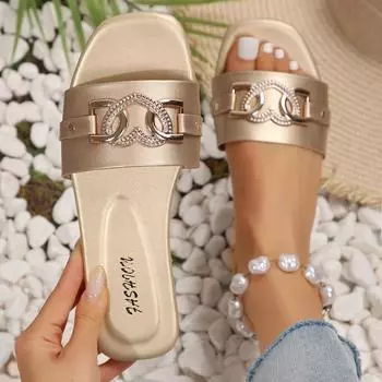 Sexy Women Sandals Summer Square Toe Beach Flat Rhinestones Ladies Fashion Show Comfortable Light Shoes Sandalias Femininas 36 золотой