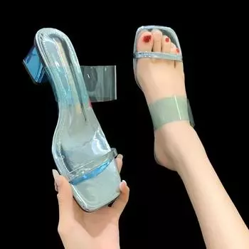 Sexy Women Slippers Slides Square High Heels Shoes Woman Mules Peep Toe Bling Shine Crystal Platform Slippers Zapatillas Mujer 35 синий