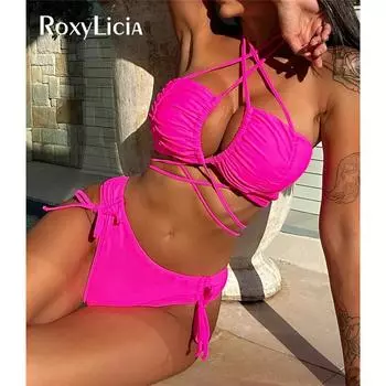 Sexy Wrap Around Wrinkled Mid Waist Bikini Female Swimsuit Women Swimwear Two-pieces Bikini set Bather Bathing Suit Swim S розовый