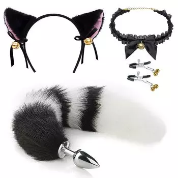 Sexyhot Анальная пробка Хвост Анальные товары Анальное расширение Развитие Нержавеющая сталь Зажим для сосков Кошачьи ушки Ошейник с колокольчиком Кошка Лиса Косплей Унисекс Анальный