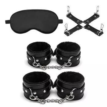 Sexyhot SM Goods Restraints Handcuffs Foot Shackles Cross Shape Adjustable Eye Mask Bed Restraint Blindfold SM Beginner SM Play PU Set of 4