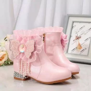 Сезон 2024 года, сапоги на высоком каблуке для девочек, бархатные зимние сапоги, детские короткие сапоги, сапоги принцессы для маленьких девочек, корейские хлопковые сапоги, обувь 26 розовый