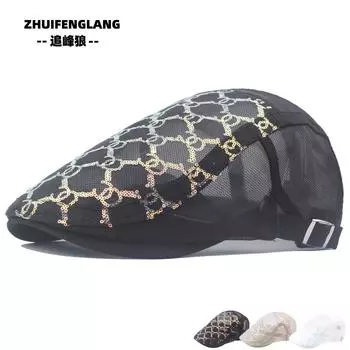 Сезон Тонкая сетчатая ажурная кепка женская модная дышащая уличное солнцезащитное козырек маленький берет с пайетками Adjustable хаки