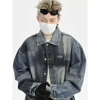 Сезонная японская ретро-сращивание стираная повседневная джинсовая куртка мужская свободная повседневная универсальная модная верхняя часть M чёрный