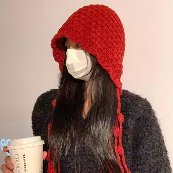 Сезонная шапка женская милая флисовая зимняя сумка головка показывает маленькое лицо морозостойкая плюшевая вязаная утолщенная теплая шерстяная шапка красный
