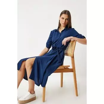 Сезонное платье-рубашка с поясом, темно-синее
