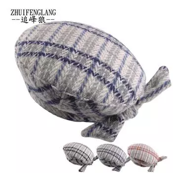 Сезонный шерстяной берет из смеси ниток, вязаный женский модный клетчатый бант, шерстяная шапка M56-58cm