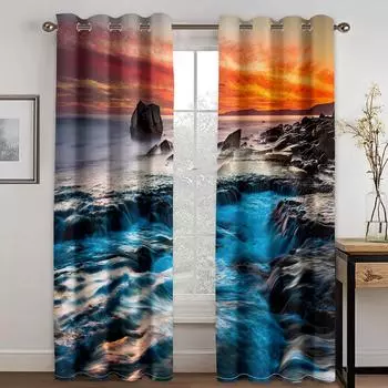 Сезонный вид Снежные горы Океан 3D Шторы Фиолетовые Синие Шторы Спальня Балкон Окно Декоративные Шторы 2 Панели 50W130H(CM)X2PCS&Grommet Top