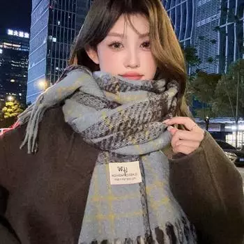 Сезонный винтажный клетчатый шарф, высококачественный, утолщенный, теплый женский платок с кисточками на шее озеро синий