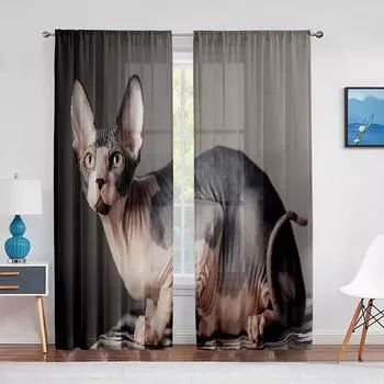 Сфинкс котенок кошка домашнее животное тюлевые шторы для гостиной спальни украшения прозрачный шифон прозрачная вуаль занавеска на окно 1 PCS W100XH250cm&Rod Pocket