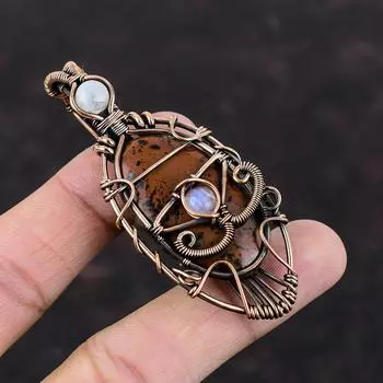 Сглаз, красное дерево, обсидиан, кулон, медная проволока, кулон, кулон с лунным камнем, медная проволока, ювелирные изделия, кулон с драгоценным камнем, кулон ручной работы