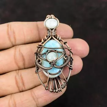 Сглаз Ларимар Медный кулон Драгоценный камень Медь Обернутые украшения Лунный камень Медные украшения Ручная работа Ювелирные изделия сглаза Подарок для нее Подарок для мамы