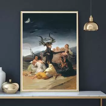 Шабаш ведьм Франсиско Гойя Винтажный постер Антикварная картина Настенная картина Дьявол Сатана Рогатый козел Печать на холсте Украшение 21x30cm No Framed