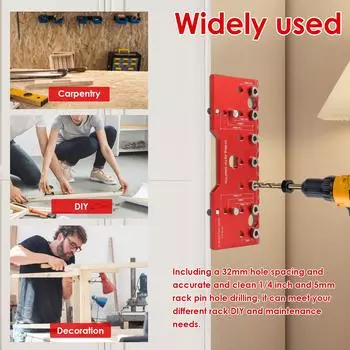 Шаблон для сверления штифтов полки 1/4 дюйма из алюминиевого сплава Шаблон для сверления штифтов полки Шаблон для точного монтажа шкафа Шаг 32 мм Деревообработка красный