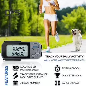 Шагомер для ходьбы 3D с зажимом и шнурком, память на 30 дней, простой счетчик шагов с ЖК-дисплеем, точный фитнес-трекер для мужчин и женщин чёрный