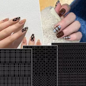 Шахматный клетчатый шаблон, наклейки для ногтей, ручная роспись, шаблон, наклейка для ногтей, маникюрный салон