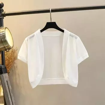 Шаль Юбка на подтяжках Ледяной шелк Шифон Кардиган Тонкий Короткий рукав White(W-8547) L