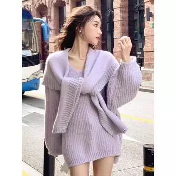 Шаль с капюшоном свитер для женщин 2023 Новый осенний ленивый свободный средней длины накидка на голову вязаный топ S белый