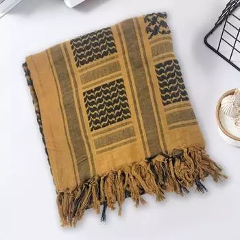 Шаль с клетчатым принтом и бахромой по краям, жаккардовый шарф в этническом стиле с защитой от солнца, песка и ветра бежевый