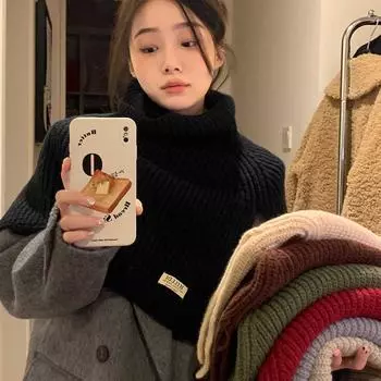 Шаль с разрезом и высоким воротом, женский сезонный черный пуловер, комплект с шейным платком, вязаный шарф для защиты от холода и сохранения тепла на внешнем шарфе