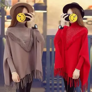 Шаль с рукавами летучая мышь, женский средний и длинный вязаный свитер, весенняя свободная накидка с бахромой, пуловер, накидка 110*80CM красный