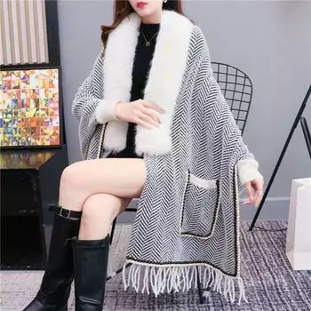 Шаль толстый плащ вязаный свитер женская теплая куртка верхняя одежда кардиган полосатый женский one size белый