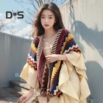 Шаль в этническом стиле с принтом в ретро-стиле, разноцветными полосками, кисточками на концах, оборками, вязаная накидка для путешествий, отпуска, теплая шаль фиолетовый