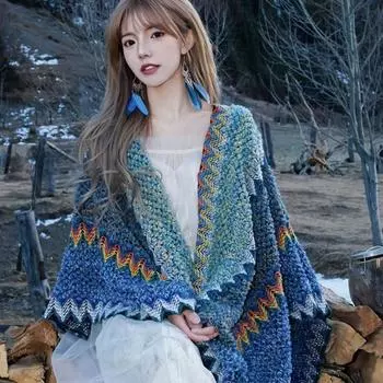 Шаль в стиле бохо с бахромой в этническом стиле пэчворк цветная женская шаль осень-зима праздничная красочная полосатая шаль синий
