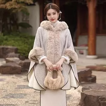 Шаль в стиле Республики Китай с ретро-литературным и универсальным плюшевым толстым накидкой, шерстяной кардиган с капюшоном average size бежевый