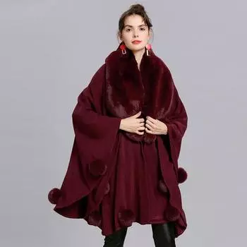 Шаль женская большого размера свободный меховой воротник пучок вязаный кардиган шаль накидка 1568 # one size fits all бордовый