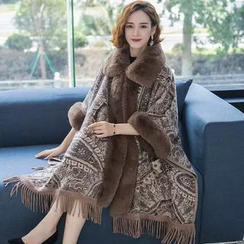 Шаль женская плотная и теплая осенне-зимняя верхняя одежда с благородной и модной длинной накидкой для весны и осени. One Size коричневый