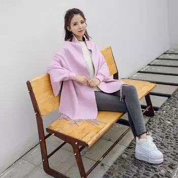 Шаль женская вязаная кофта пальто шарф накидка рукава маленькое пальто однотонное женское one size чёрный