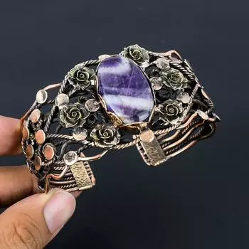 Шалфей Аметист Драгоценный камень Чистая медная проволока Обернутая вручную манжета/браслет Ювелирные изделия Adjustable фиолетовый