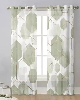 Шалфейно-зеленый Геометрическая текстура Современные тюлевые шторы Гостиная Кухня Прозрачные оконные шторы Вуаль Шторы с люверсами W65X60H(cm)X2Pcs&Hook