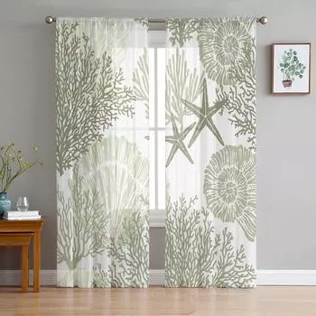 Шалфейно-зеленый океан коралловые ракушки морские звезды абстрактные прозрачные шторы для гостиной оконные шторы кухонные тюль вуаль шторы W135 x H115cm x1