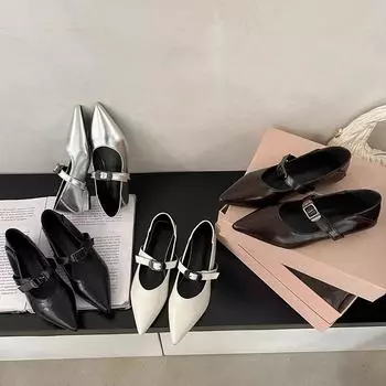 Shallow autumn metal buckle versatile 2025 pointed flat bottom women s shoes Xiaoxiang new soft Mary Jane single shoes women s leather 35
