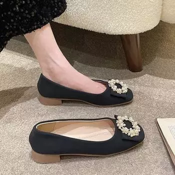 Shallow low-heeled single shoes women s summer 2025 new gentle style fashion pearl thick-heeled Doudou shoes versatile soft-soled shoes 35 хаки