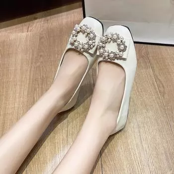 Shallow low-heeled single shoes women s summer 2025 new gentle style fashion pearl thick-heeled Doudou shoes versatile soft-soled shoes 35