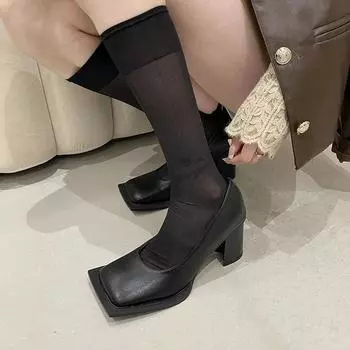 Shallow Mouth Casual Heels Women s High-Heeled Shoes 2024 Slip on Branded Pumps Basketball Platform Lace-Up Square Toe Sandals 34 чёрный