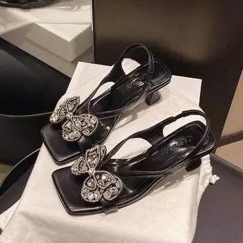 Shallow mouth empty rhinestone bow empty sandals high heels summer new one-pedal sandals women 35