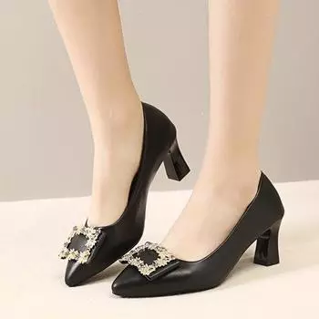 Shallow mouth leather surface single shoes women s spring 2024 black thick heel small leather shoes professional high heels thick heel work shoes 34