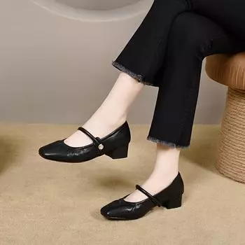 Shallow mouth Mary Jane shoes women s spring and summer simple temperament small single shoes with pearl thick heel four seasons shoes 35