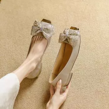 Shallow mouth metal square head soft sole single shoes women s 2024 spring and summer explosion bow soft leather flat heel grandma shoes 34 абрикосовый