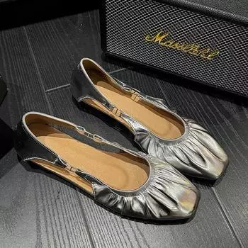 Shallow mouth niche ladyshoes women s new pleated square head single shoes women s summer wear versatile flat-soled grandma shoes women 35