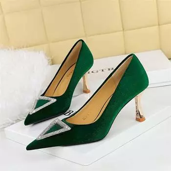 Shallow Mouth Pointed Crystal Buckle Slim High Heel Single Shoes Women s Suede Spring Fashion Elegant Wedding Dress Shoes 34(Foot22cm)