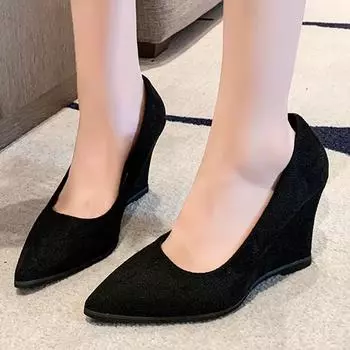 Shallow Pointed Toe Women Shoes Wedges Suede High Heels Fashion Shoes 2024 Trend Designer Dress Party Winter Chaussures Femme 35 чёрный